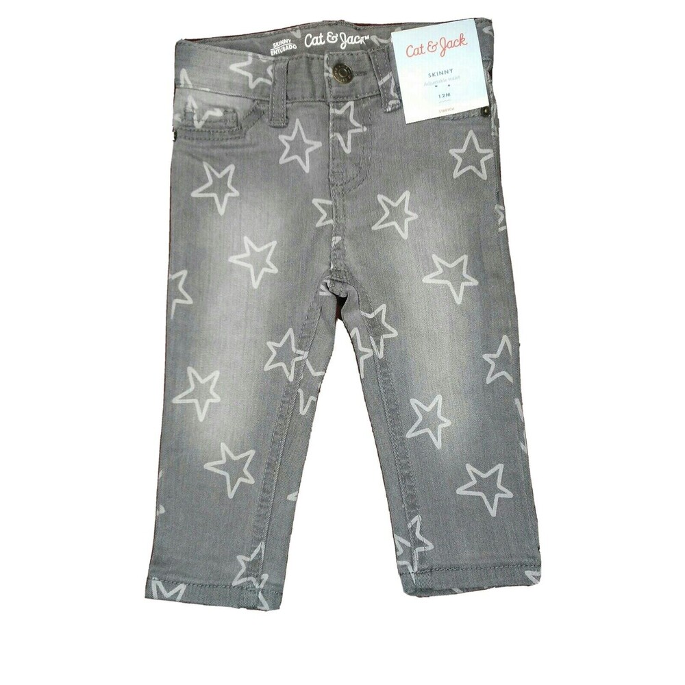 12M Toddler Girls Gray Star Stretch Denim Skinny Jeans Adj Waist Cat & Jack NWT